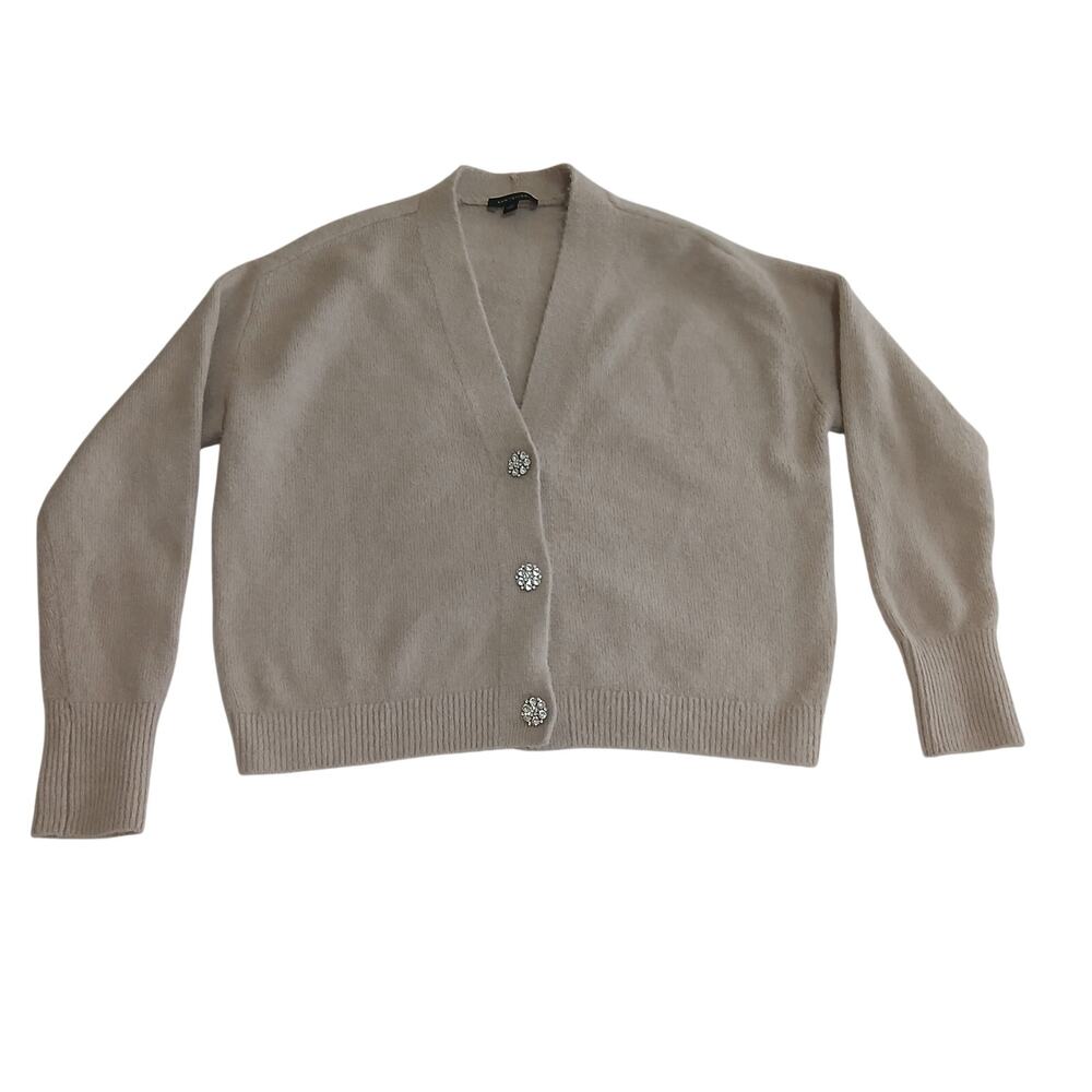 Ann Taylor Cardigan Sweater Women L Beige Fuzzy Jeweled Button Oversized Slouchy